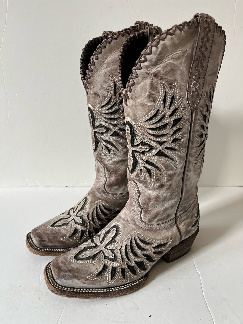 JB Dillon Buttercup Taupe Black Leather Western Boots Women Size 9B